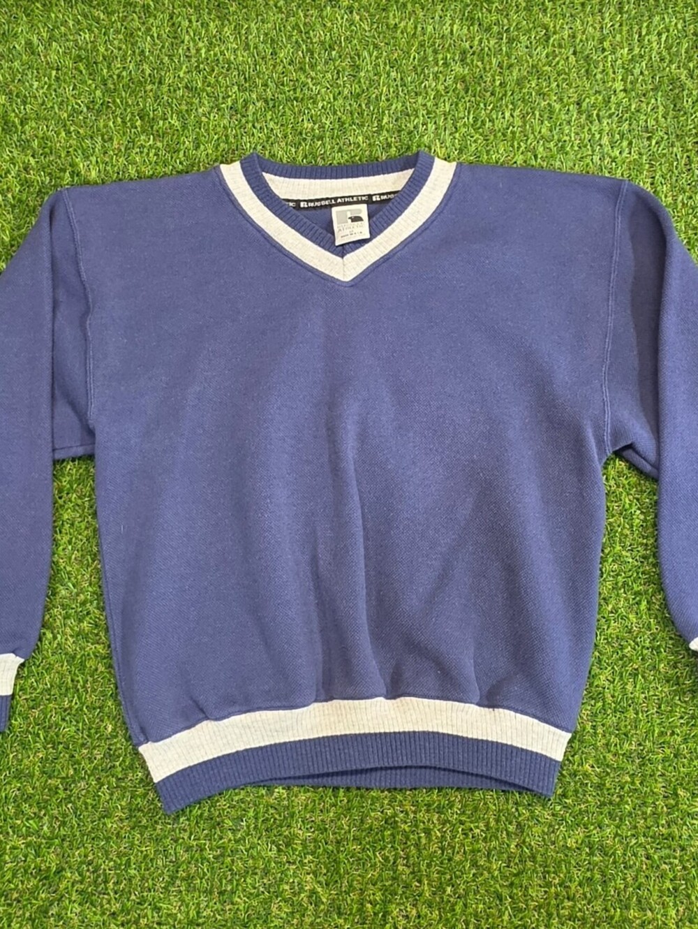 Vintage Russell Athletic Blue V-Neck Sweater with White Trim